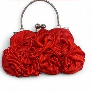 Stunning Red Satin 3D Rose Floral Evening Clutch Bag